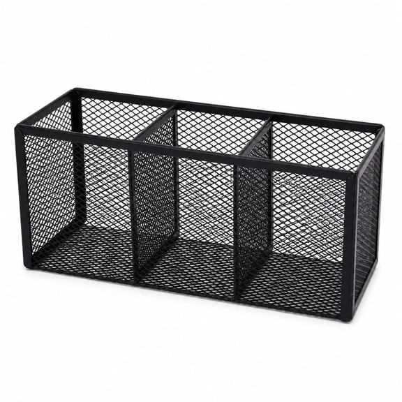 Desk Organizer with 3 Divided Compartments – Black Mesh Pen Holder for Desk, Metal Desktop Stationery Accessories & Pencil Organizer