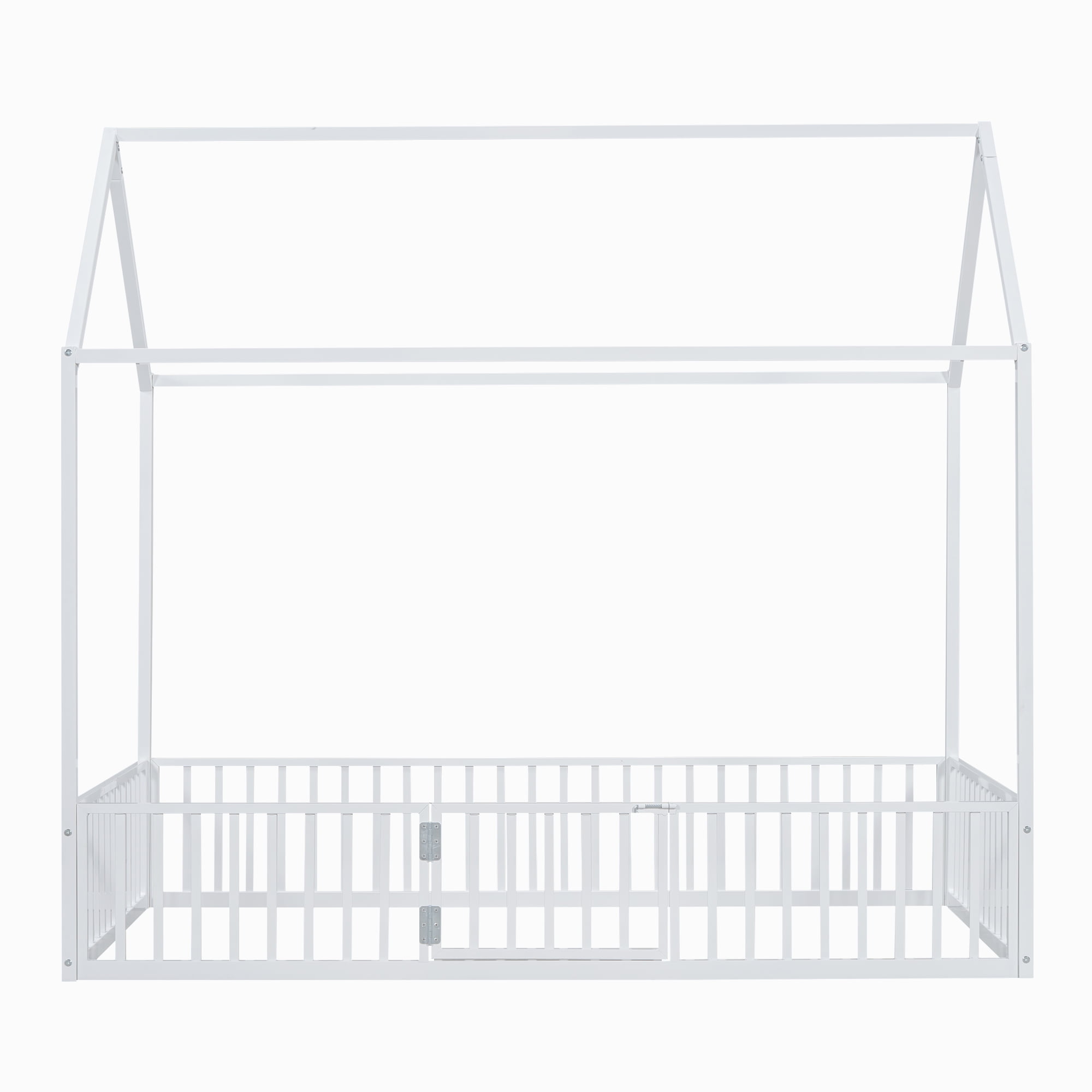 Euroco Metal Twin Size House Bed Frame, Low Profile Canopy Bed with Fence and Door, White