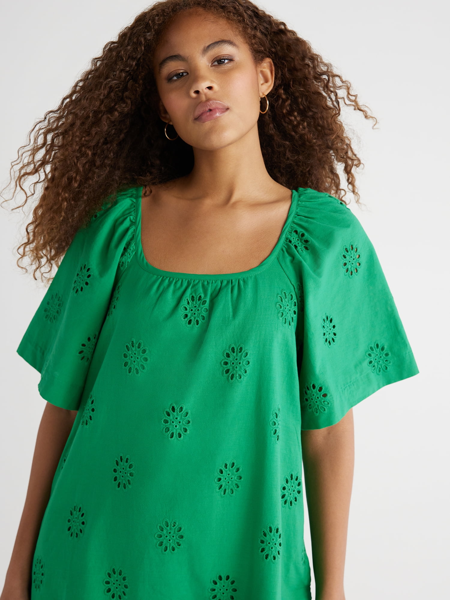 Free Assembly Women's Square Neck Eyelet Mini Dress with Short Sleeves, Sizes XS-XXL