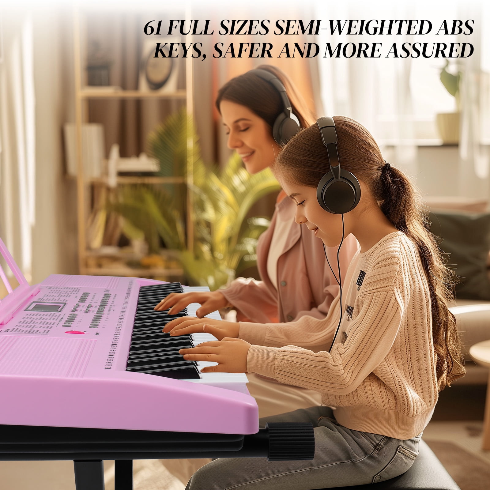 Ktaxon 61 Keys  Keyboard Piano with Lighted Keys, X-Stand, Piano Bench, Pink