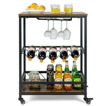GVN Kitchen Rack Storage Shelving Organizer,Kitchen Bar Cart Serving Trolley on Wheels with Wine Rack Glass Holder-Rustic Brown