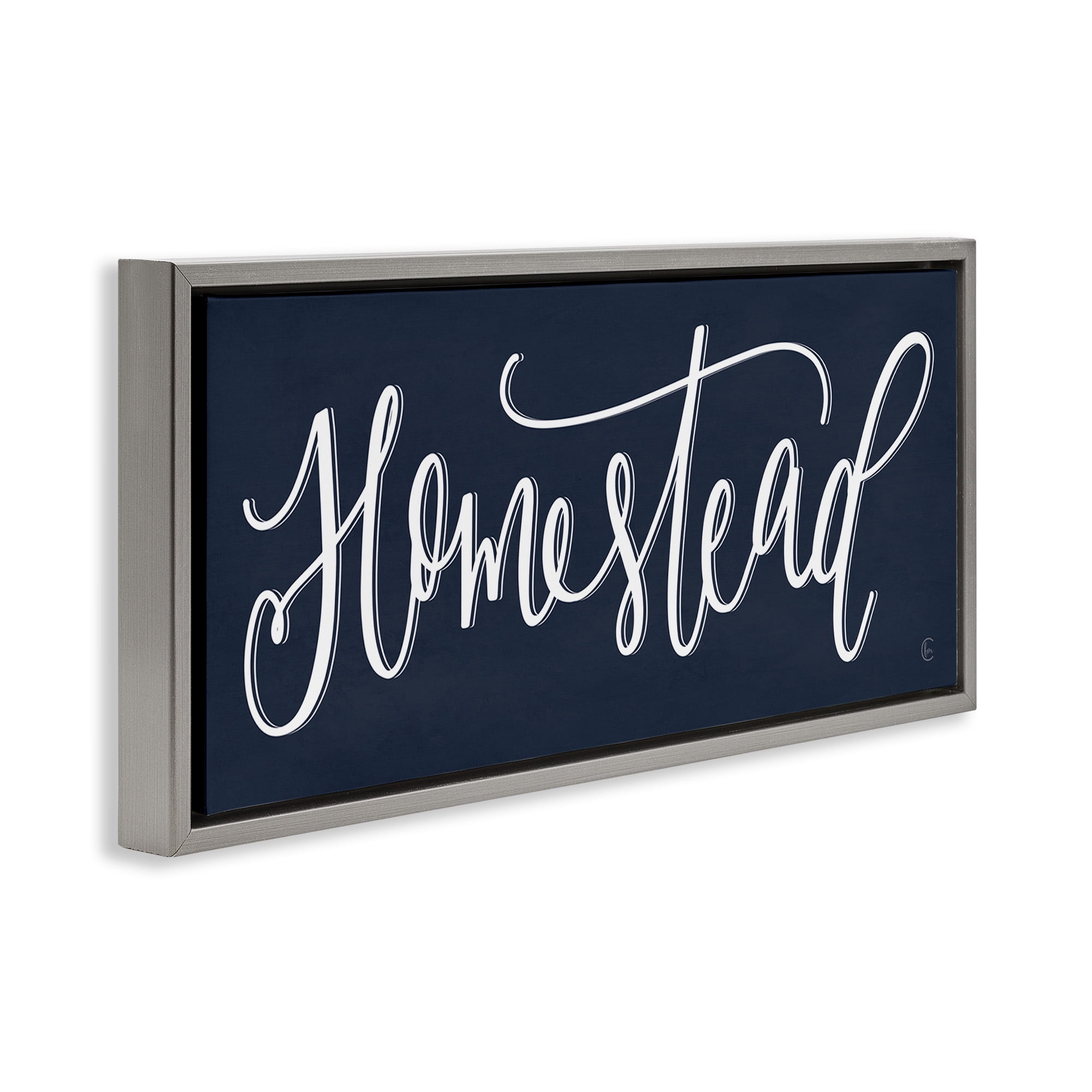 Stupell Industries Navy Blue Homestead Phrase Inspirational Painting Gray Floater Framed Canvas Art Print Wall Art, 31 x 14