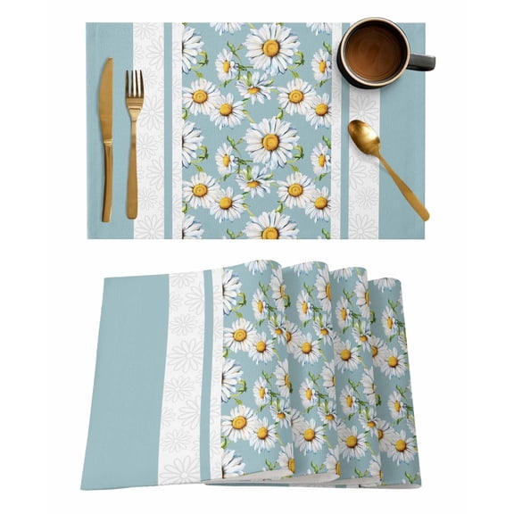 Placemats 1 Pack, Blue Daisy Woven Placemat, Linen Place Mats for Kitchen/Dining Tables, Farmhouse Floral Blue Striped Washable Table Mats for Party