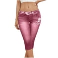 thumbnail image 3 of VBVC Women's Denim-Look Capri Leggings,High Waisted Stretchy Faux Jeans Capris For Women,Ladies Floral Embellished Casual Yoga Pants,Wine,S-2XL, 3 of 7