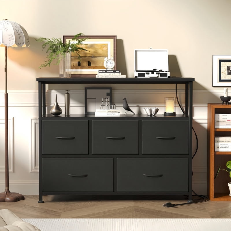 Kelno TV Stand Dresser 5 Fabric Drawers Storage Cabinet with Open Shelf Built in AC USB Type C Charging Station, Black