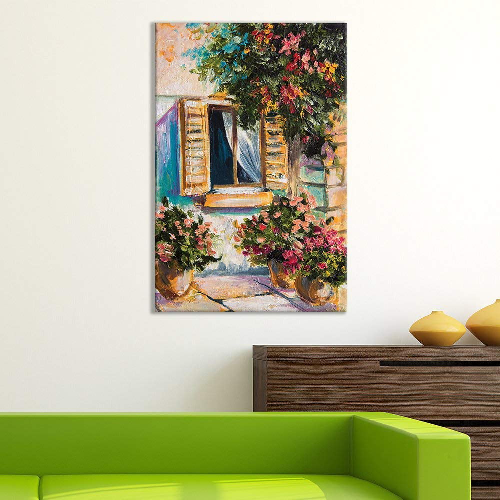 wall26 Canvas Wall Art of Portrait of a Window with Flowers Oil ...