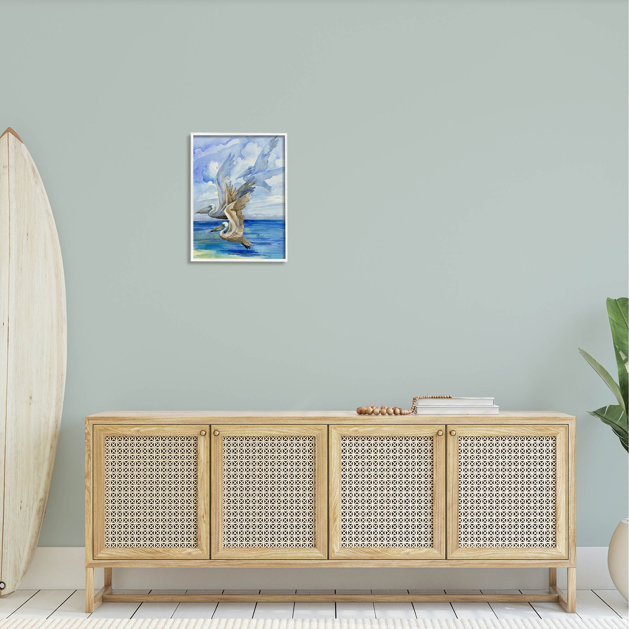 Stupell Industries Pelicans Trio Over Ocean Shore Painting White Framed Art Print Wall Art, Design by Paul Brent