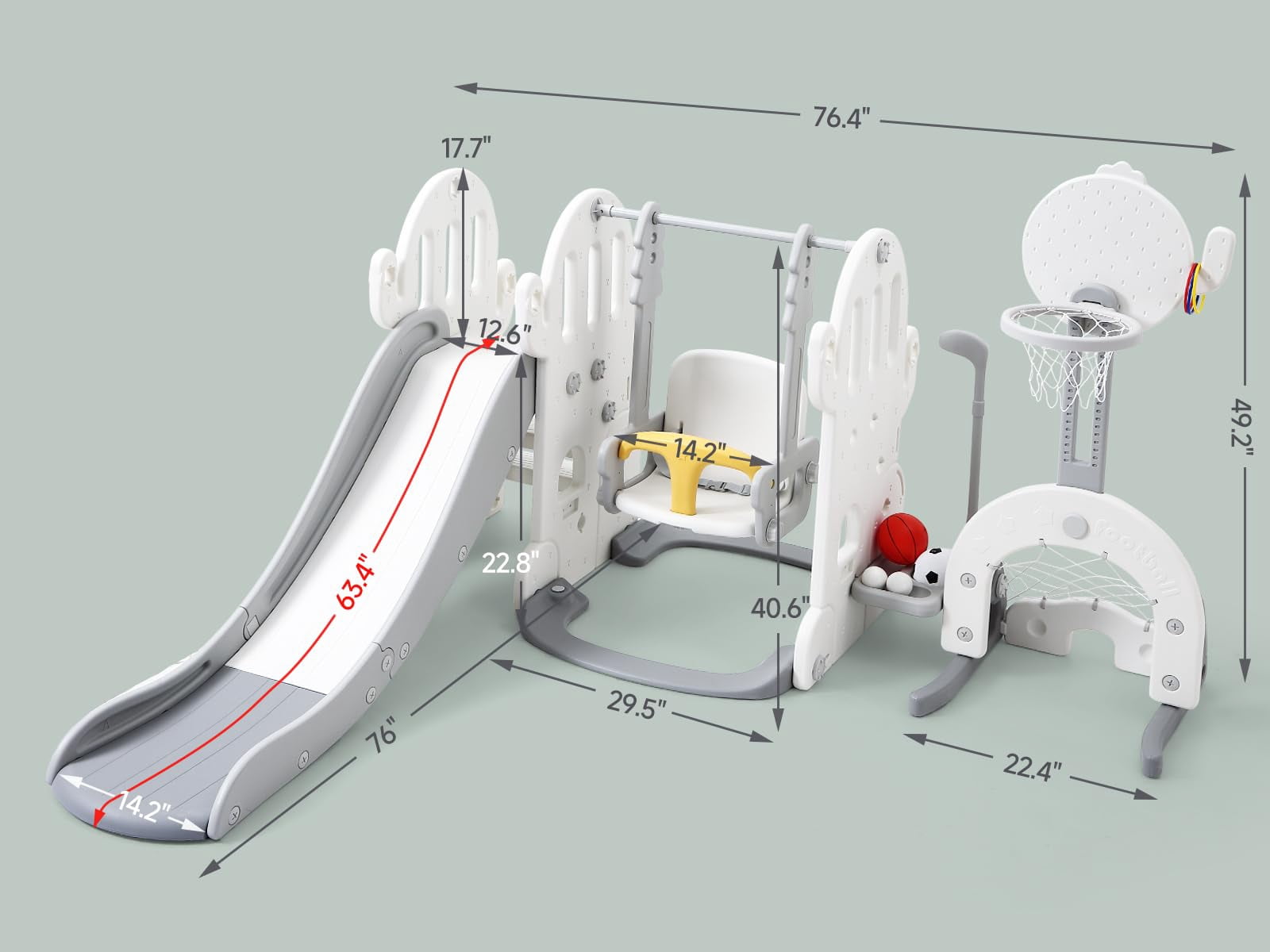 2025 New 7-in-1 Indoor Slide and Swing Set, Baby Playground Set with Basketball Hoop Soccer Golf Ring Toss Game, Indoor Outdoor Playground for Toddlers 1-6 Kids