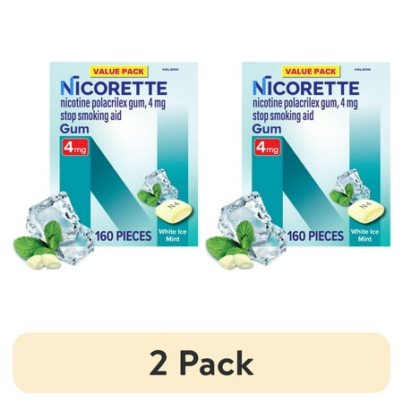 (2 pack) Nicorette Nicotine Gum 4 mg, White Ice Mint Flavor, 160 Count – Stop Smoking Aid