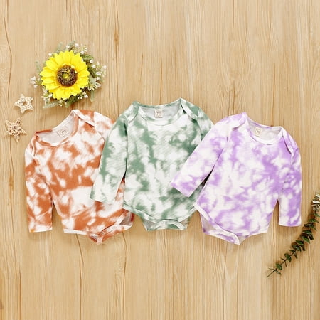 

Infants Romper Summer Top Unisex Crotch Buttons Dye Print Long Sleeve Soft Elastic Kids Clothes