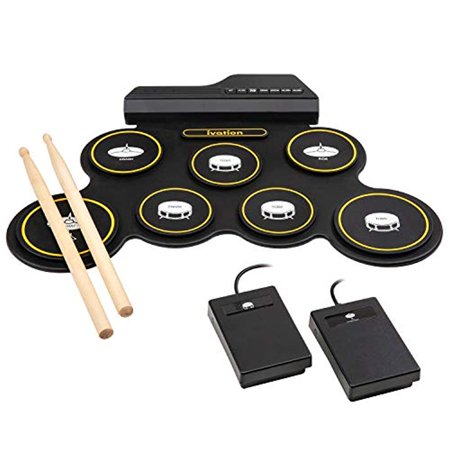 Ivation Portable Electronic Drum Pad - Digital Roll-Up Touch Sensitive Drum Practice Kit - 7 Labeled Pads 2 Foot Pedals Kids Children Beginners (No Speakers/AAA Battery (Best Electronic Drum Kit For Beginners)
