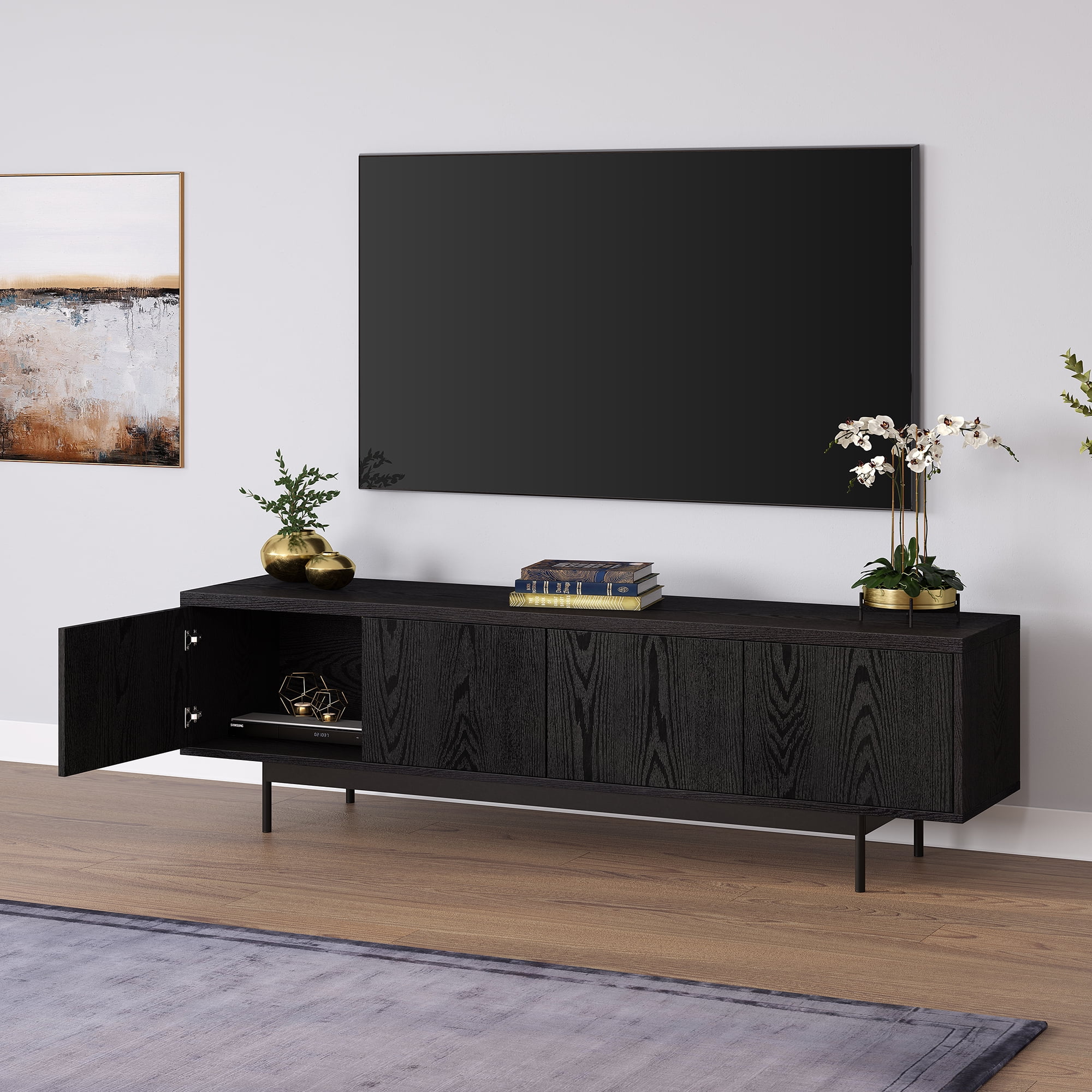 Evelyn&Zoe Abington Rectangular TV Stand for TV's up to 75", Black Grain
