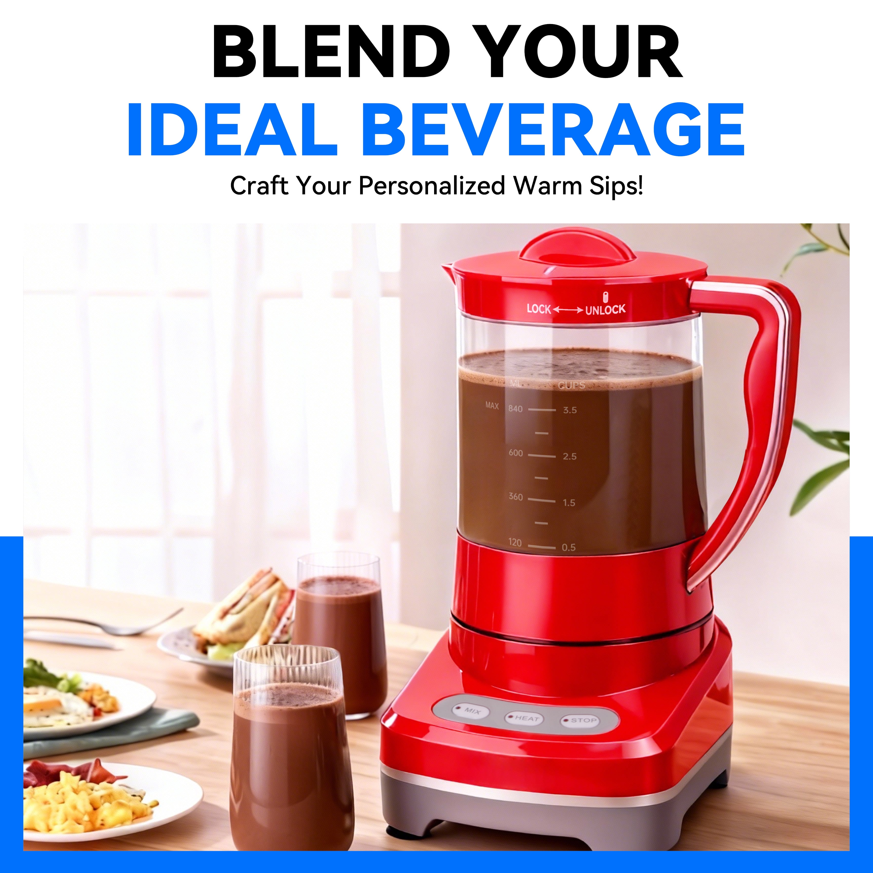 Mailand Hot Chocolate Drink Maker, 29 oz (3.5 Cups), Electric Milk Frother and Steamer, Red