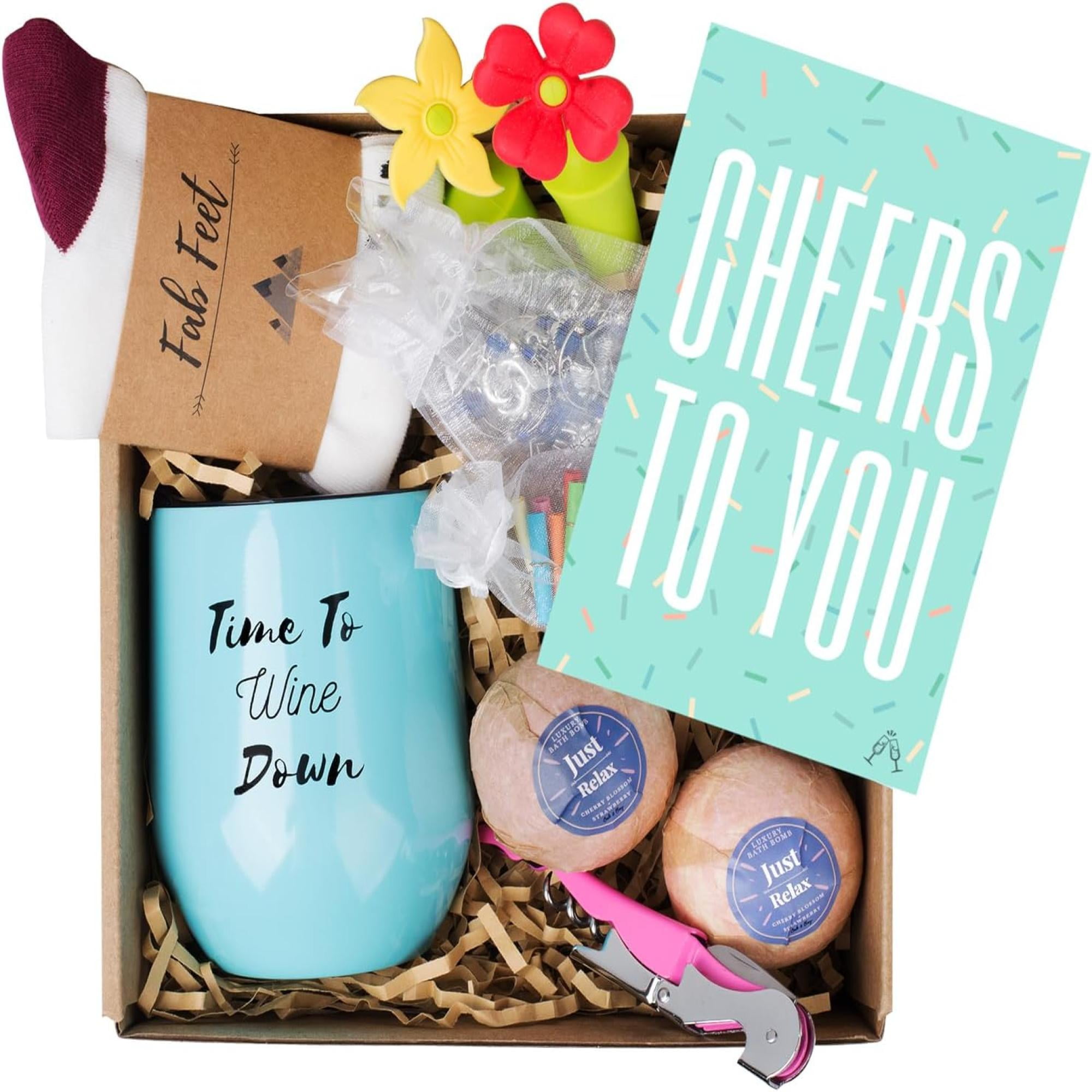 Gift Basket - 8 Gift Includes Wine Tumbler Bath Bombs Wine Charms Comfy Socks