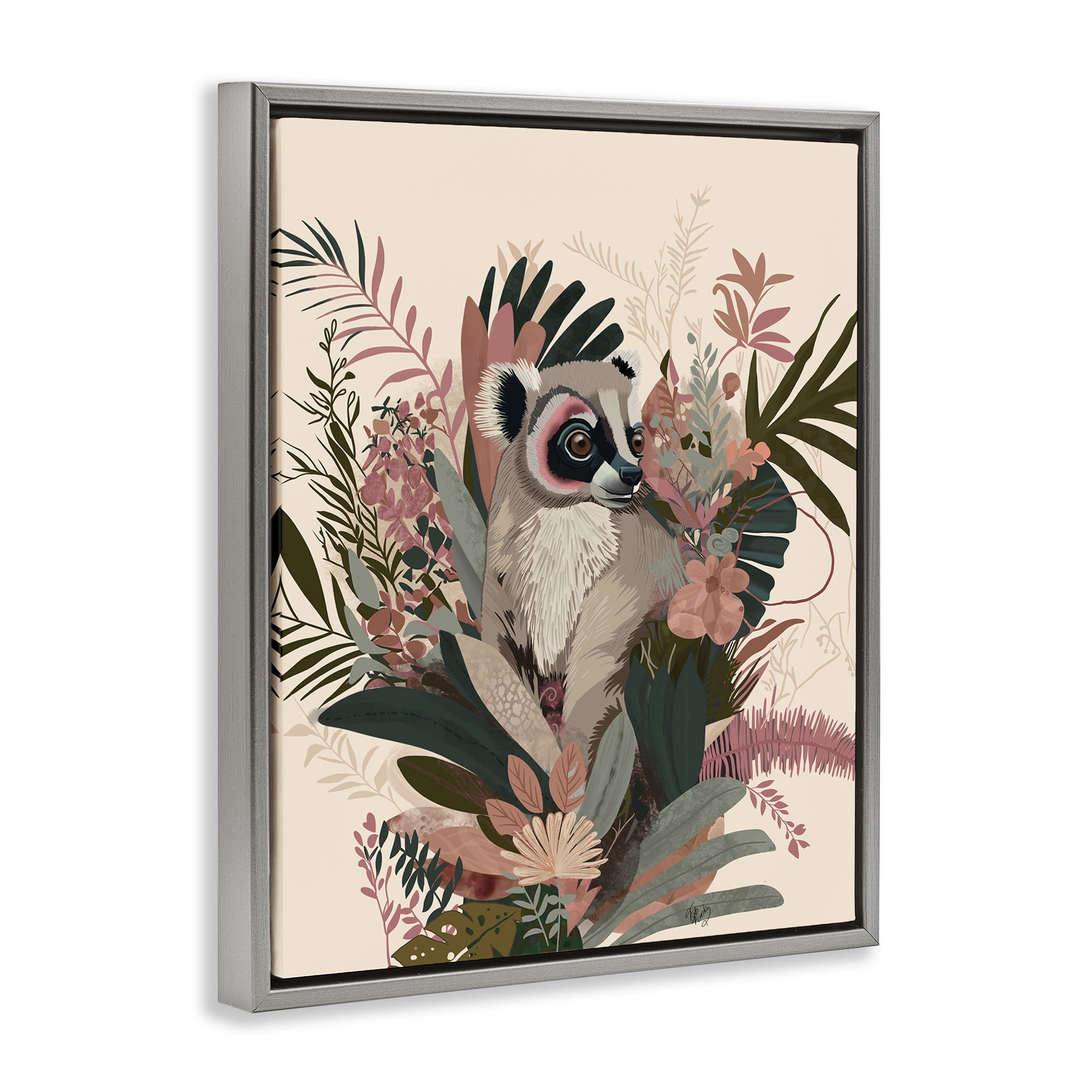 Stupell Industries Lemur with Hibiscus Plants Animals & Insects Painting Gray Floater Framed Canvas Art Print Wall Art, 17 x 21