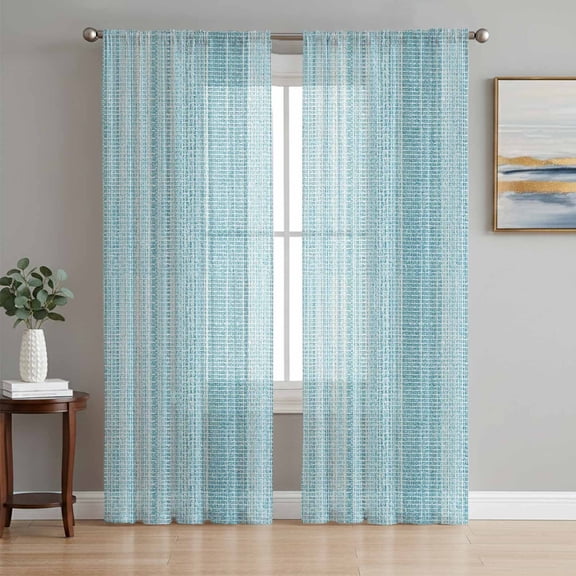 Rustic Teal Sheer Curtains 96 Inch Length 2 Panels Set, Farmhouse Vertical Striped Art Voile Window Treatment Semi Sheer Long Curtains Drapes for Bedroom/Living Room/Kitchen 52"x96"x2