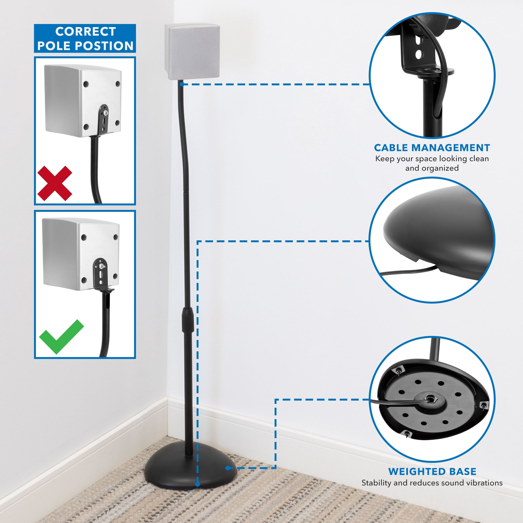 Mount-It! Height Adjustable Speaker Floor Stands, Black, (2 Count)