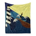 thumbnail image 1 of Lighthouse Soft Flannel Fleece Throw Blanket, Grunge Abstract Artwork of a Mysterious Woman in a Boat Sea Storm, Cozy Plush for Indoor and Outdoor Use, 70" x 90", Dark Blue Yellow Brown, by Ambesonne, 1 of 6