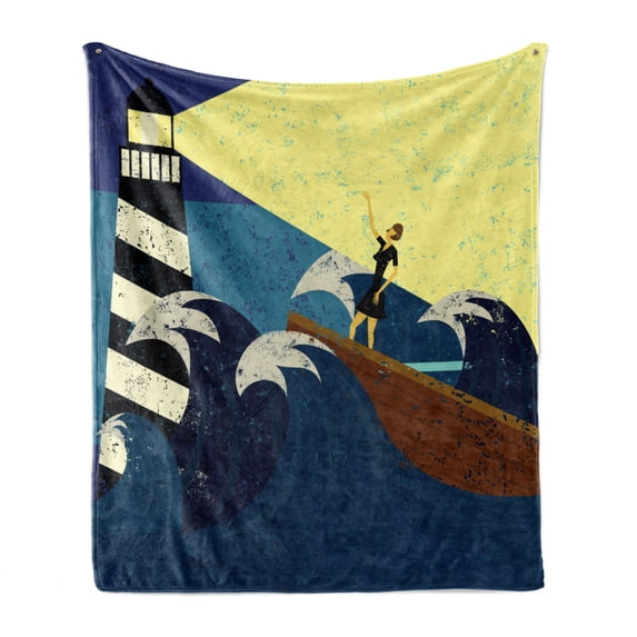 Lighthouse Soft Flannel Fleece Throw Blanket, Grunge Abstract Artwork of a Mysterious Woman in a Boat Sea Storm, Cozy Plush for Indoor and Outdoor Use, 70" x 90", Dark Blue Yellow Brown, by Ambesonne