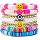 thumbnail image 1 of Juego de 7 pulseras de surfista coloridas con sonrisa feliz y mal de ojo, con cuentas de arcilla elástica apilables, disco bohemio estético, joyería de playa de verano para mujeres y niñas, 1 of 5