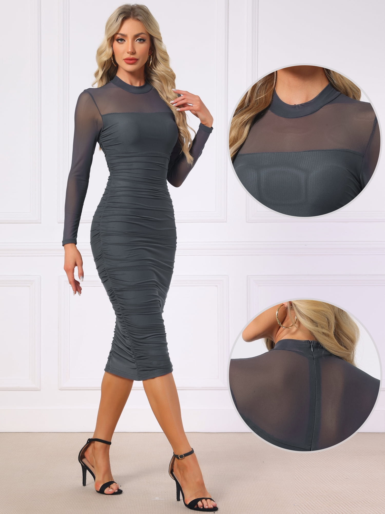 DARING DIVA Mesh Ruch Elegant Cocktail Bodycon Dress M Grey