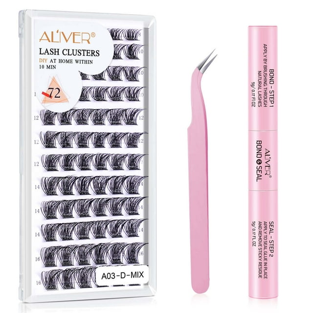 DIY Lash Extension Kit, Lash Cluster 72 Pcs with 72h Strong Hold Lash Bond and Seal + Cluster Eyelashes Applicator Tool Eyelash Extensions Kit for Self Applicator at Home