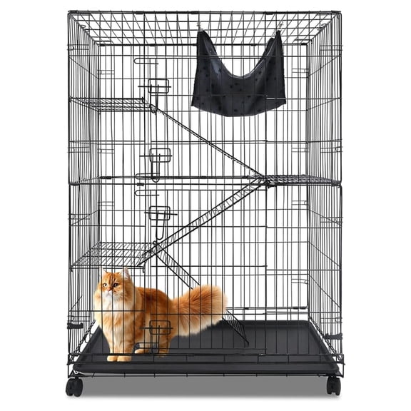 50 Inch Cat Cages Indoor, 4-Tier Large Cat Crates for Indoor Cats, Collapsible Cat Enclosures Heavy Duty Metal Wire Cat Kennel Outdoor for Adult Cats Kitten Kitty with Hammock, Ramps, Wheels