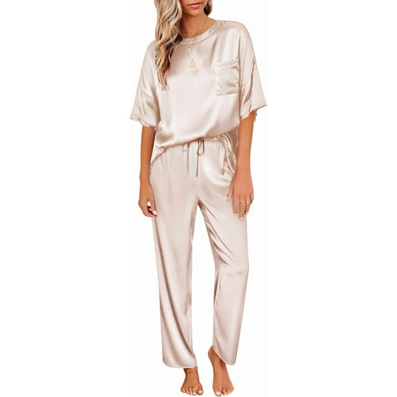 SOMER Women's Silk Satin Pajama Set 2 Piece Lounge Set Short Sleeve Top and Long Pajama Pant Sleepwear Soft PJs Loungewear 2025 Fall Beige