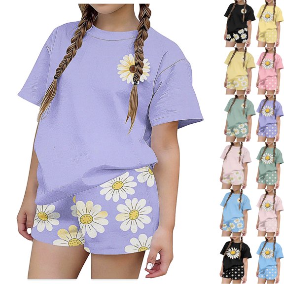 DJDLJWCJ 2 Piece Girls Short Sleeve Tee and Shorts Set Summer Crewneck Tee Shirts with Stretch Soft Elastic Waist Shorts Purple Size 9