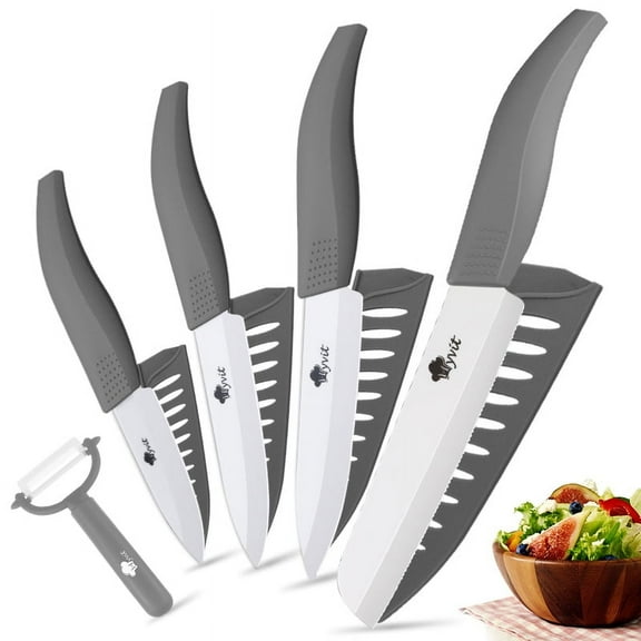 5PCS Ceramic Knives Set Serrated Paring Knife with Covers 4 Pack Fruit Knifes , Sharp Rust Proof Stain Resistant (6" Bread Knife,5" Utility Knife, 4" Fruit Knife,3" Peeling Knife,One Peeler)