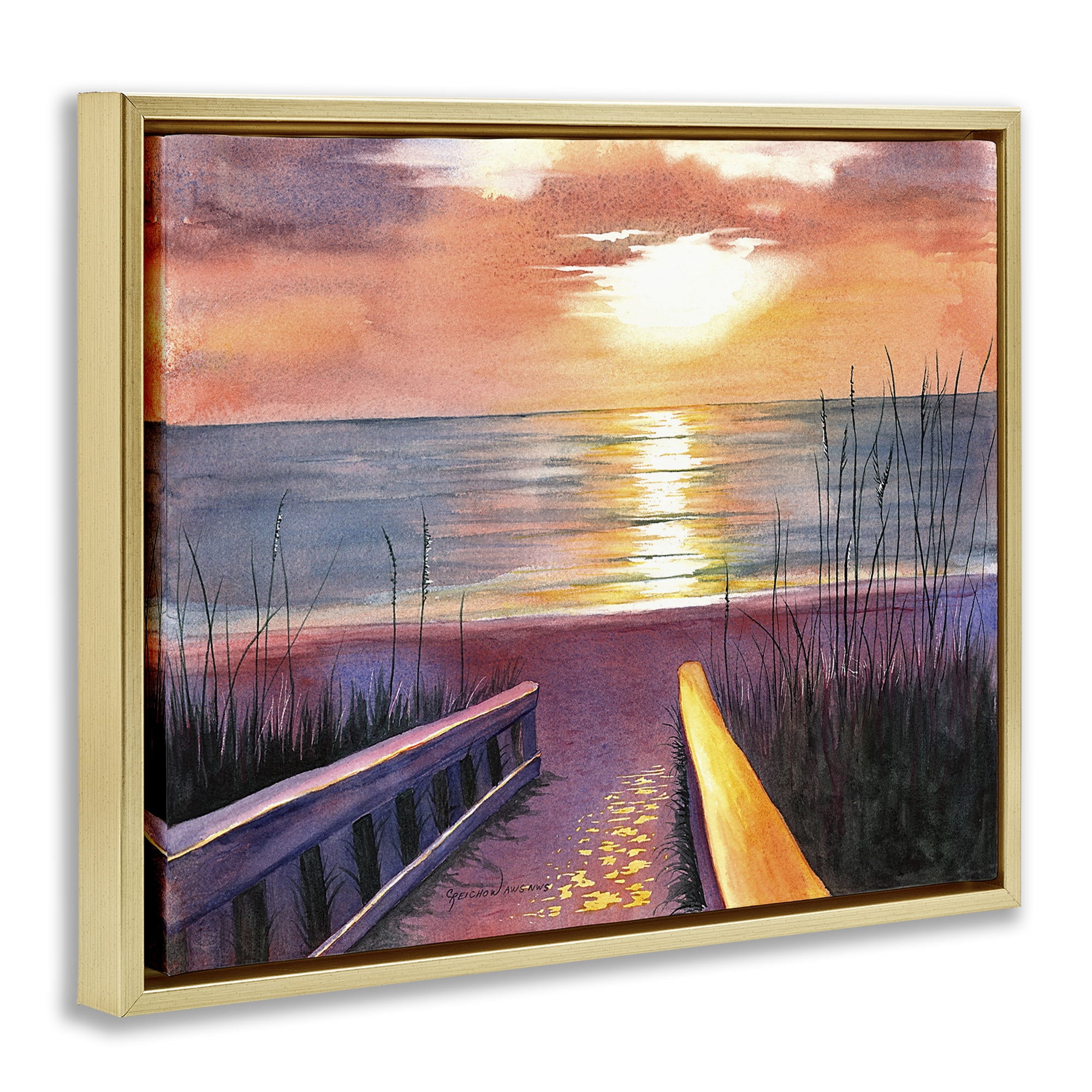 Stupell Industries Sea Sunset Reflection Landscape Painting Gold Floater Framed Canvas Art Print Wall Art, 21 x 17