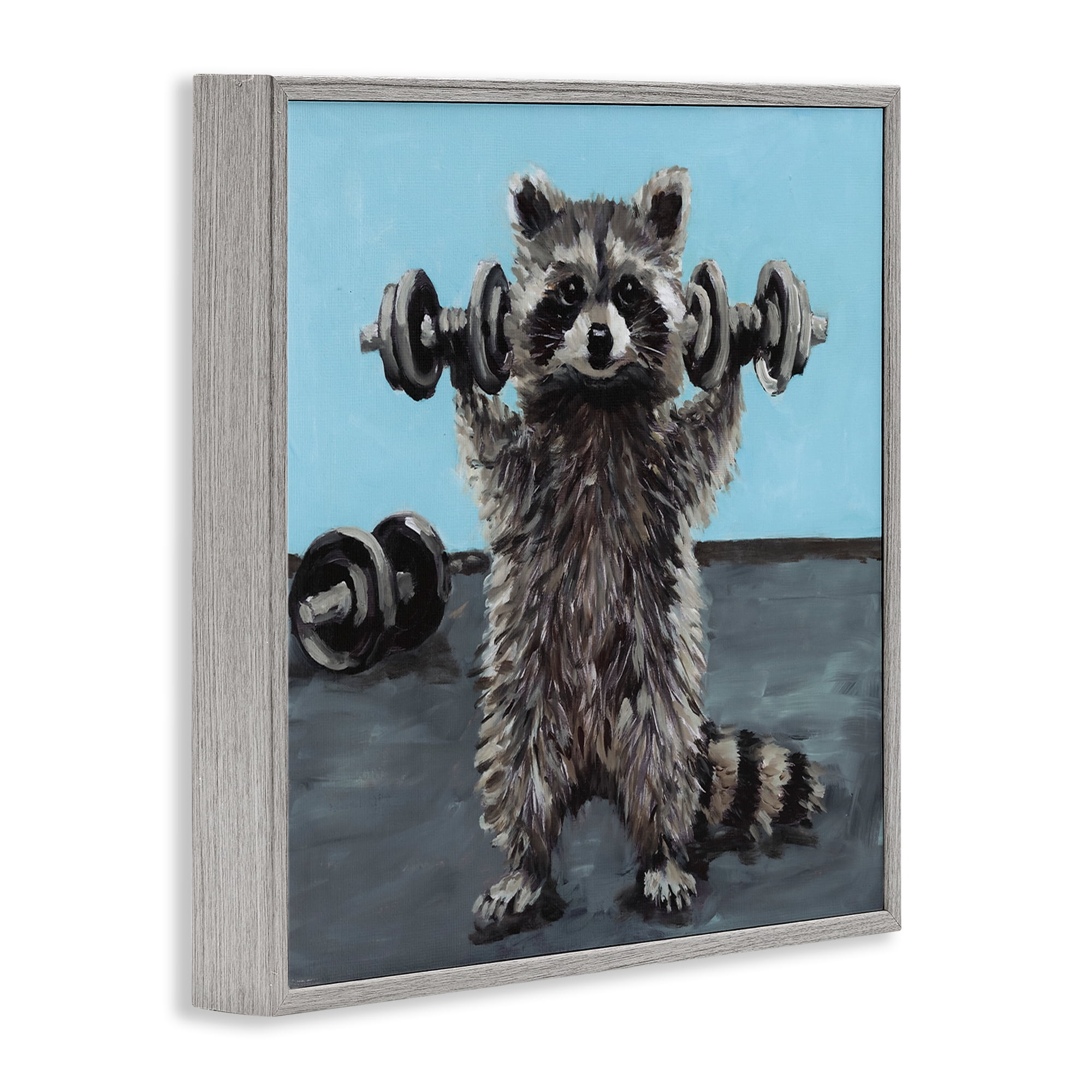 Fitness Raccoon with Weights Gray Framed Giclee Art, design by Studio Bautista