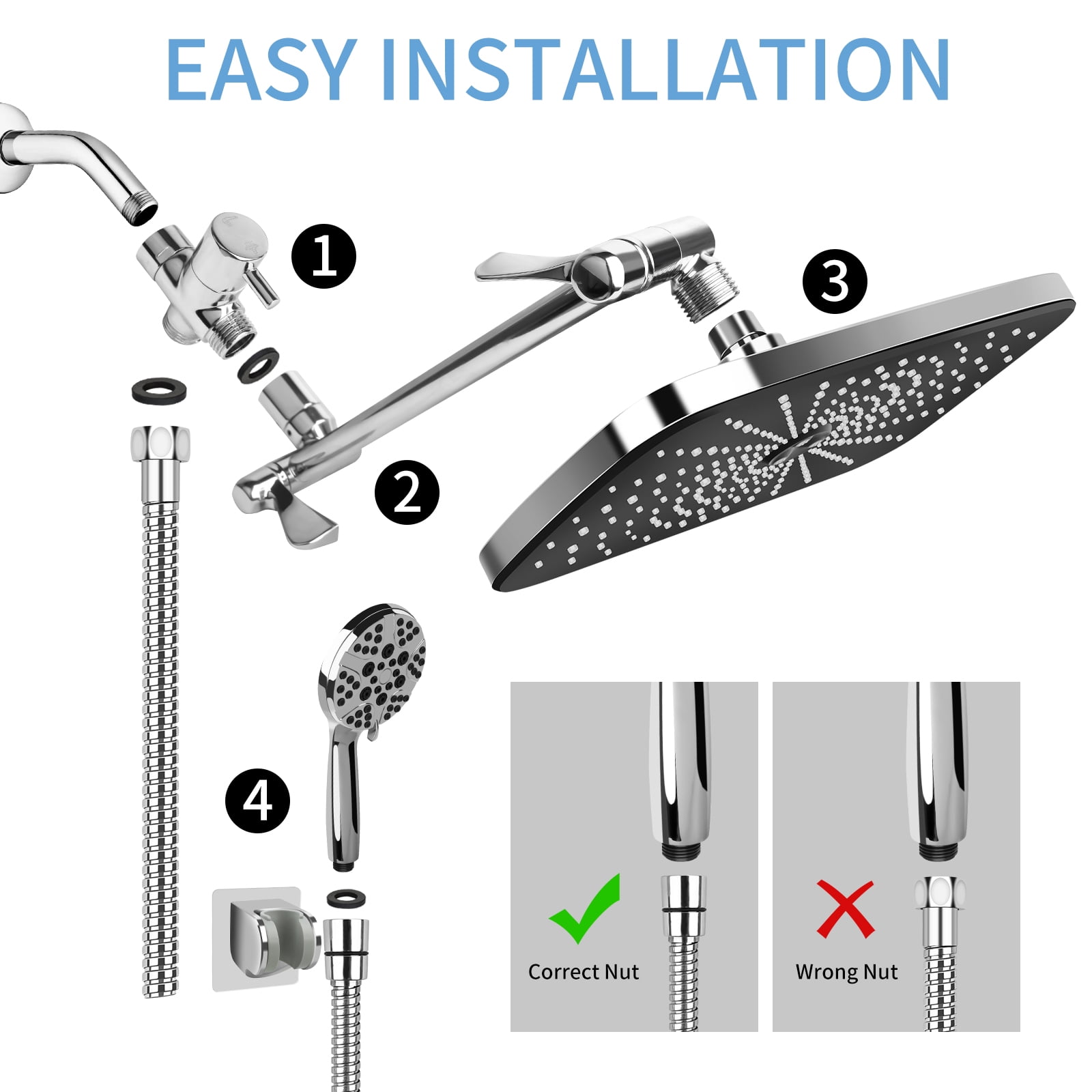PHANCIR 12 Inch Rain Shower Head Combo, High Pressure Rainfall with Ajustable Extension Arm, 7 Modes Handheld Showerhead for Bathroom, Chrome