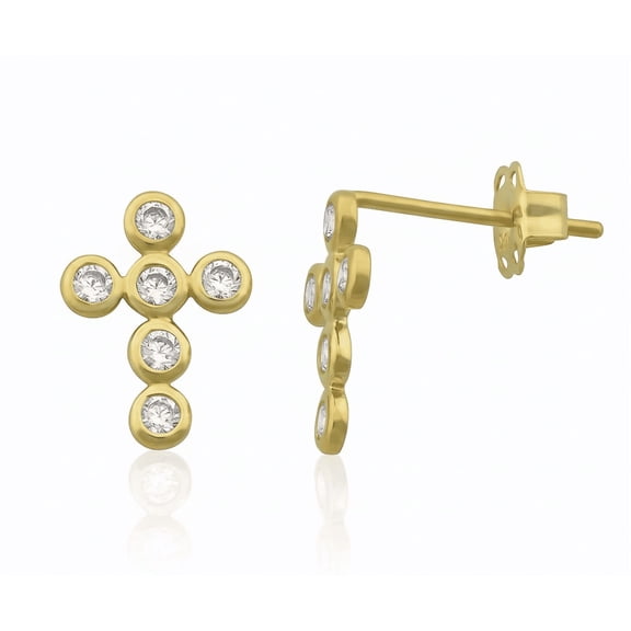 Vinali 14K Yellow Gold Round Bezel CZ Cross Stud Earrings