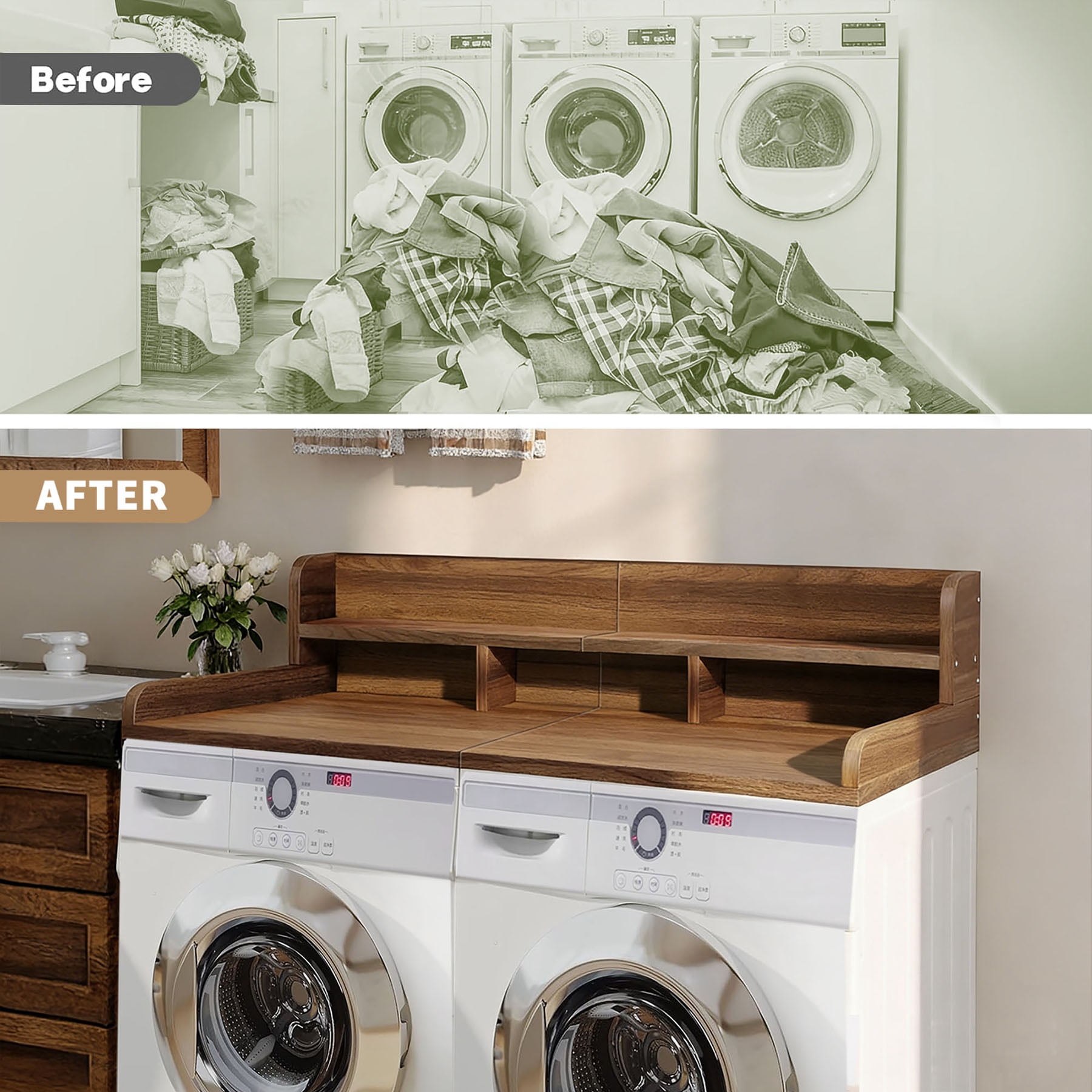S-HOME Washer Dryer Countertop with Non-slip Pads in Wood Design, 58" x 28" Laundry Organization Shelf Topper，Walnut