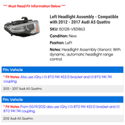 Left Headlight Assembly - Compatible with 2012 - 2017 Audi A5 Quattro 2013 2014 2015 2016