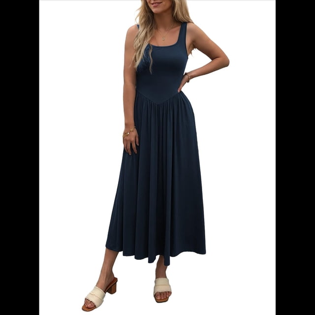 Vestido de Verano para Mujer, Sin Mangas, Cuello Cuadrado, Informal, para Playa, con Bolsillos, Tejido de Patchwork Fluido Azul Marino M