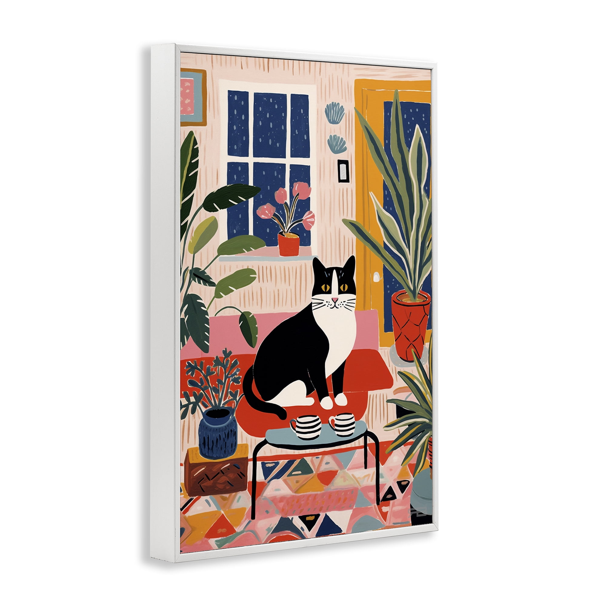 Stupell Industries Eclectic Living Room Cat Animals & Insects Painting White Framed Art Print Wall Art, 12 x 18