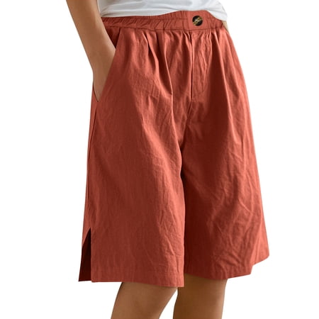 RYRJJ Womens Summer Cotton Linen Bermuda Shorts Elastic High Waist Wide Leg Shorts Loose Knee Length Shorts Side Split Casual Beach Shorts(Orange XL)