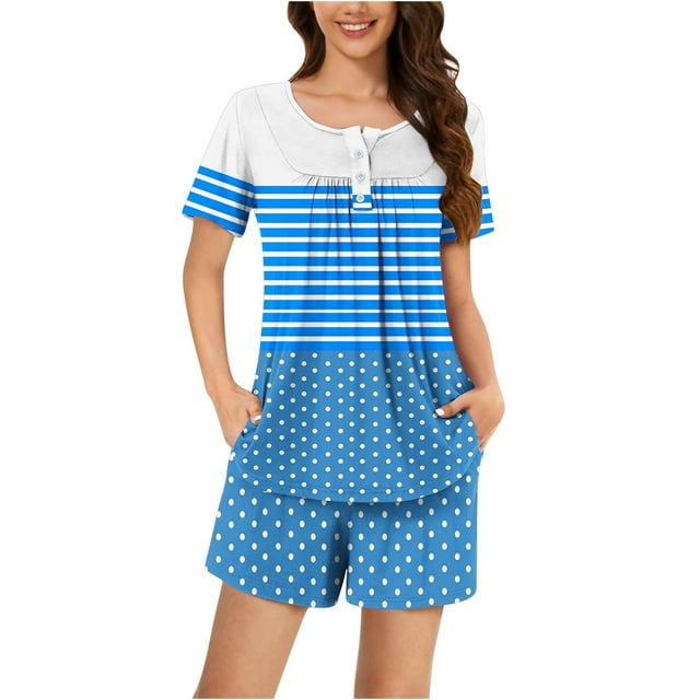 Jamicy Pyjama Aguichant pour Femmes Mode Décontractée Ample Rayé Imprimé Col Rond Boutons Shorts Manches Courtes Ensemble de Pyjama Confortable pour Dames