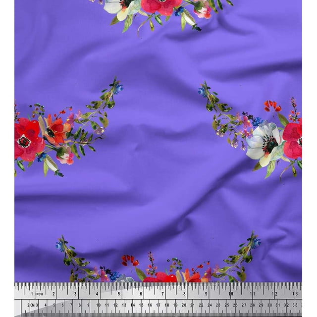Soimoi Poly Georgette Fabric Leaves & Anemone Flower Print Sewing Fabric Yard 52 Inch Wide