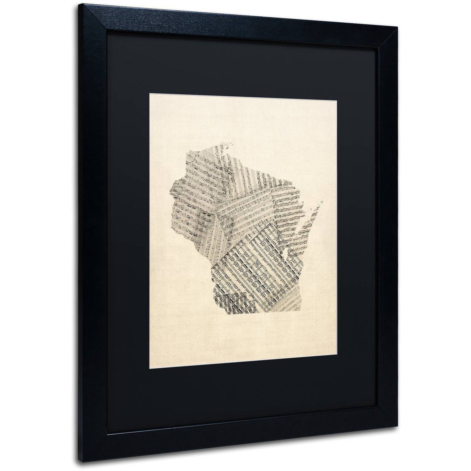 Trademark Fine Art 'Old Sheet Music Map of Wisconsin' Canvas Art by Michael Tompsett, Black Matte, Black Frame