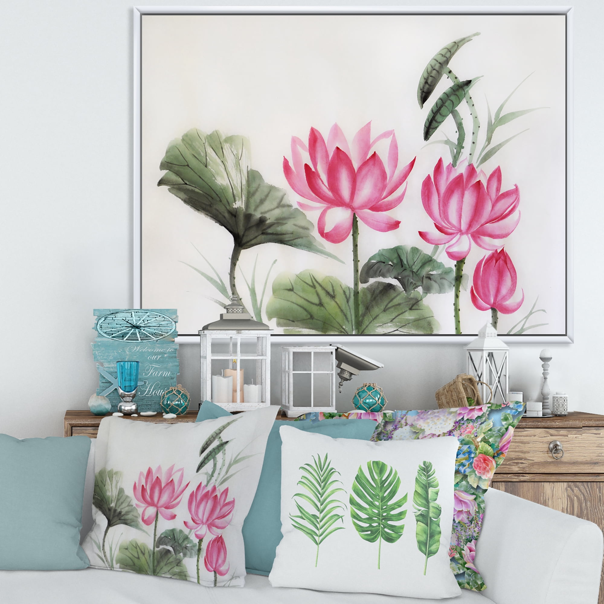 Ancient Pink Lotuses In The Pond I 40 in x 30 in Framed Painting Canvas Art Print, by Designart