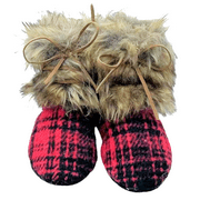 Holiday Time Fur Plaid Boots Ornament. Casual Traditional Theme. Red & Black Color Boots. Brown Flake Fur
