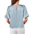 thumbnail image 5 of Women'S Satin Silk Blouses Puff Short Sleeve Dressy Casual Tops Loose Fit Crew Neck Cropped Shirts Light Blue M, 5 of 10