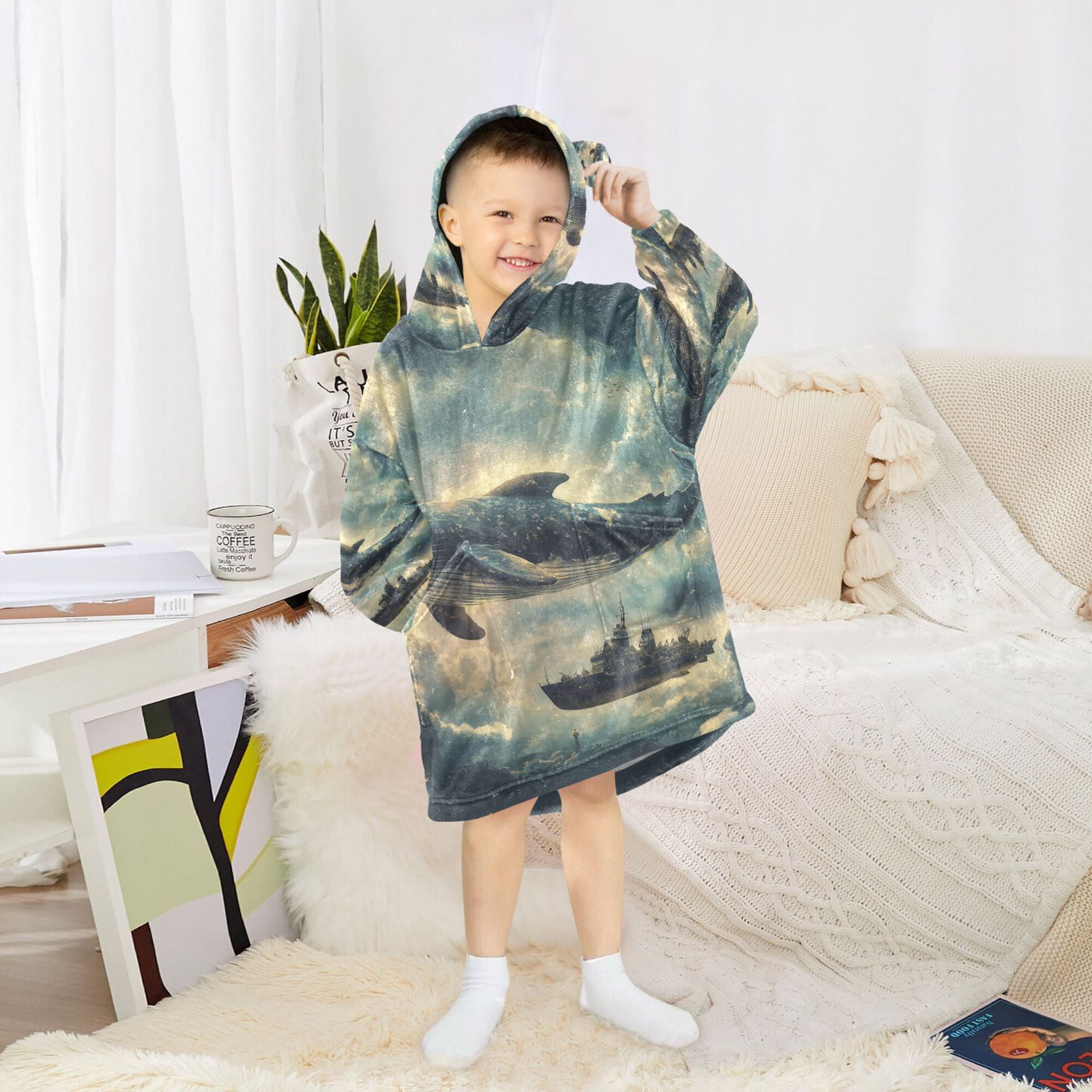 FORMRS Wearable Blanket Hoodie with Sleeves for Kids Cozy Flannel Sweatshirt, Beige Floating Whale