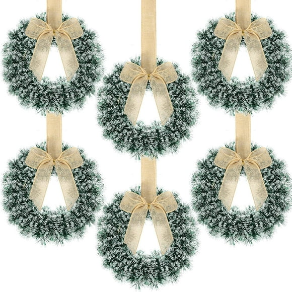 Capoda 6 Pcs Couronnes de Noël avec Nœud 10.24 Pouces Couronnes en Guirlande Artisanat Cuisine pour Porte d'Entrée Armoire Extérieure Fenêtre Murale Décorations de Noël (Marron Lin)