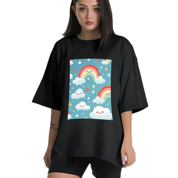 Plus Size Shirt for Women Black Tops for Women Short Sleeves Shirt for Women Rainbows T Shirt Crewneck Shirt for Women XS