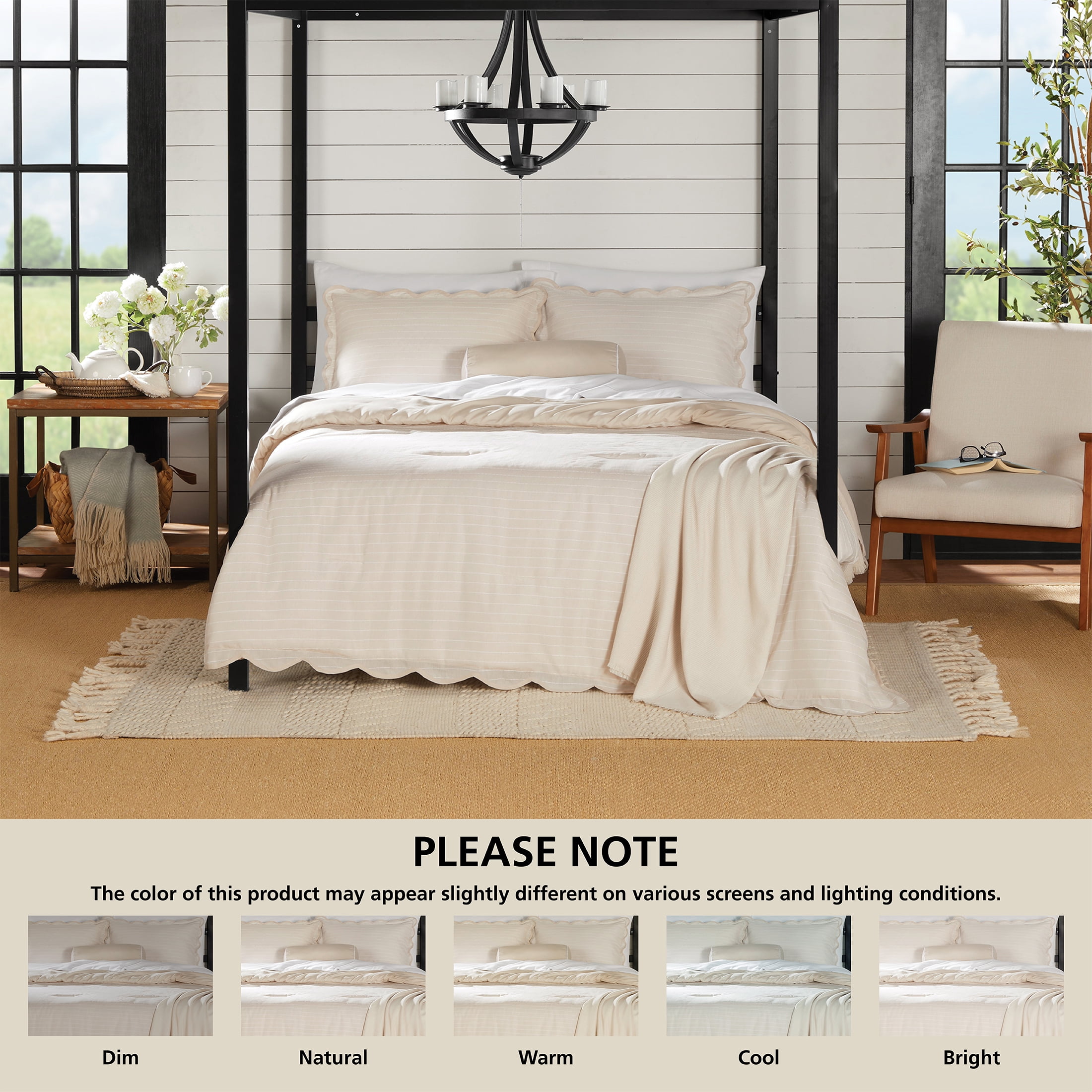 Mainstays King Comforter Set, All-Season, 5-Piece, Tan Pick Stitch Scallop
