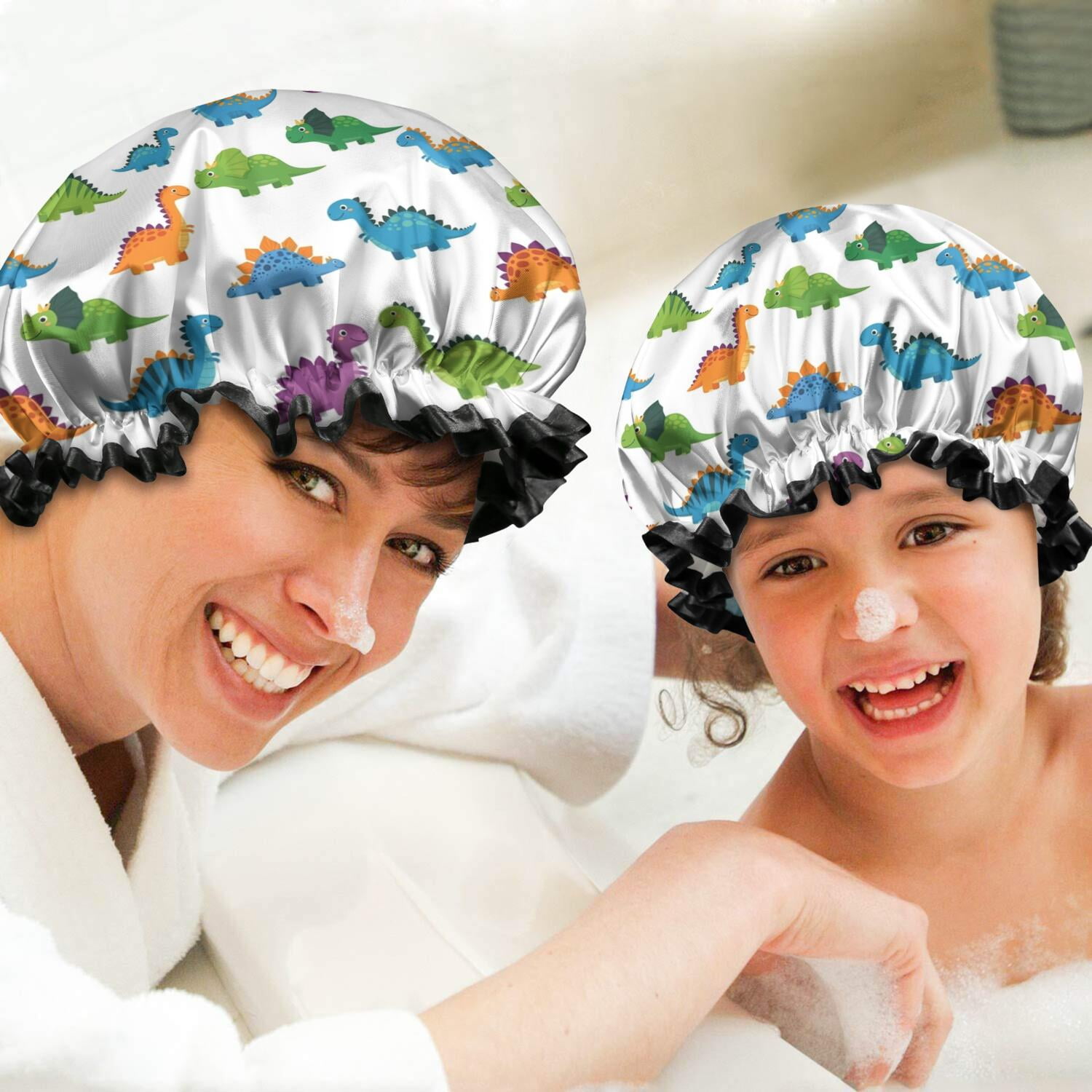 Shower Caps,White Dinosaurs Pattern Waterproof Shower Cap for Women 4 Pieces,Double Reusable Hair Cover for Shower PEVA Elastic Stretch Hem